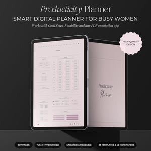 Peut inclure: Deux tablettes affichent un planificateur de productivité numérique. Le texte indique "Productivity Planner" et "SMART DIGITAL PLANNER FOR BUSY WOMEN." Le planificateur comprend 607 pages, est entièrement hyperlié, non daté et réutilisable, avec 35 modèles et 42 blocs-notes.