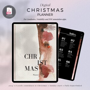 Peut inclure: Planificateur de Noël numérique avec un design à l'aquarelle. La couverture indique "CHRISTMAS Planner" avec un motif floral à l'aquarelle. Le planificateur fait 124 pages et est pour Goodnotes, Notability et les applications d'annotation PDF.