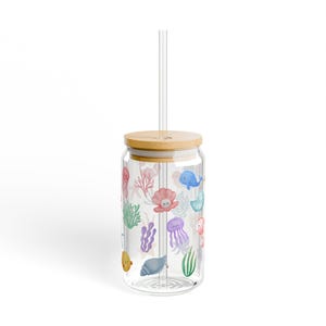 Colorful Ocean-Themed Sipper Glass, 16oz, Marine Life Drinkware, Eco-Friendly Straw Glass, Summer Hydration, Beach Party Gift