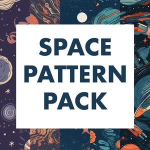 Può includere: Un set di quattro motivi spaziali senza cuciture con pianeti, stelle e astronavi su uno sfondo blu scuro con accenti arancioni, blu e bianchi. Il testo "SPACE PATTERN PACK" è visualizzato in una casella bianca.