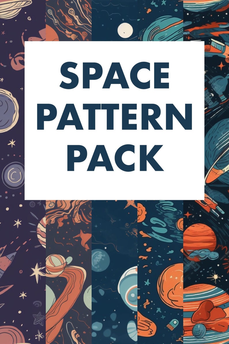 Pu&ograve; includere: Un set di quattro motivi spaziali senza cuciture con pianeti, stelle e astronavi su uno sfondo blu scuro con accenti arancioni, blu e bianchi. Il testo "SPACE PATTERN PACK" &egrave; visualizzato in una casella bianca.