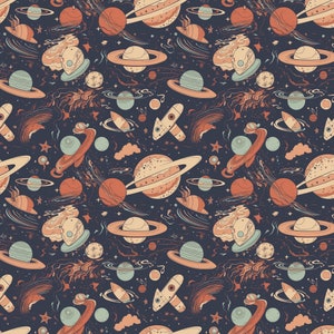 Pu&ograve; includere: Uno schema senza cuciture con un'illustrazione in stile retr&ograve; di pianeti, stelle e astronavi in ​​toni di arancione, marrone e blu su uno sfondo blu scuro.
