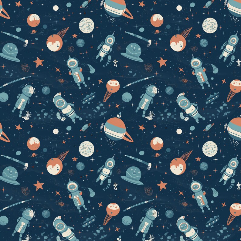 Pu&ograve; includere: Uno schema senza cuciture con una variet&agrave; di illustrazioni a tema spaziale, tra cui astronauti, pianeti, stelle e astronavi. Lo sfondo &egrave; blu scuro con una texture leggermente punteggiata.