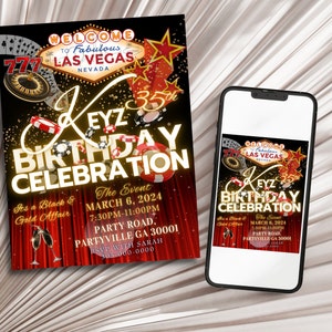 Invitación de cumpleaños con temática de Las Vegas / Negro, rojo y dorado / Invitación editable