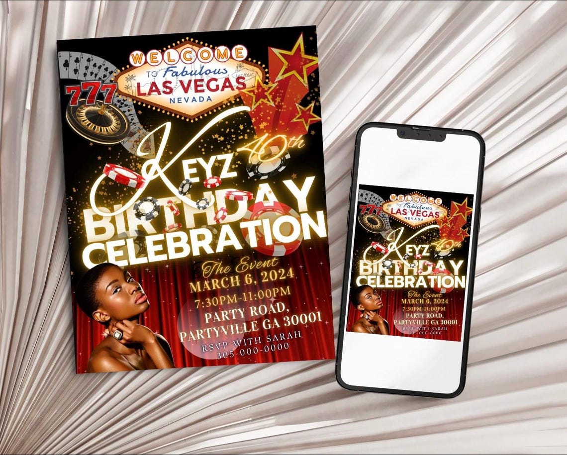 Las Vegas Themed Birthday Invitation W/ Image | Black, Red & Gold ... Las Vegas Themed Birthday Invitation W/ Image | Black, Red & Gold ...