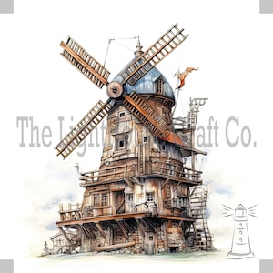 May include: A hand-drawn illustration of a wooden windmill with a blue roof and a red roof on the side. The windmill has a ladder on the side and a red flag on top. The windmill is on a wooden platform with a stone foundation. The image is in a watercolor style.