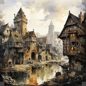 Medieval Village Clip Art 12 High Quality JPGs - Digital Planner, Journaling, Watercolour, Wall Art, Commercial Use - Digital Download