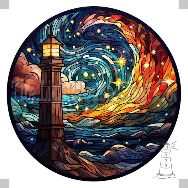 Stained Glass Lighthouse Night Clip Art 12 High Quality JPGs - Digital Planner, Journaling, Wall Art, Commercial Use - Digital Download