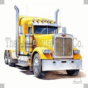 May include: Watercolor illustration of a yellow semi-truck with chrome accents. The truck features a large grill, multiple headlights, and tall exhaust stacks. The text "The House Salt Co." is visible on the side of the truck.
