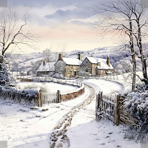 Campagna Winter Village Clip Art 12 JPG di alta qualità - Pianificazione digitale, Journaling, Acquerello, Uso commerciale - Download digitale