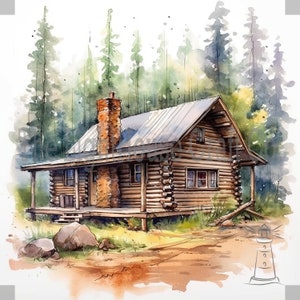 Log Cabins Clip Art 12 High Quality JPGs - Digital Planner, Journaling, Watercolour, Wall Art, Commercial Use - Digital Download