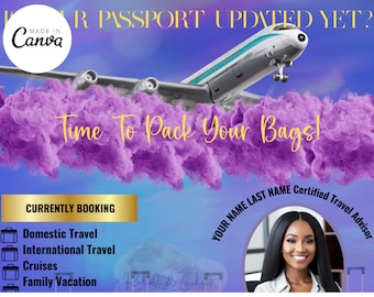 Colorful DIY Travel Agent Flyer, colorful travel agent flyer, IG travel agent promo. trip IG promo flyer, book with me, purple pretty flyer