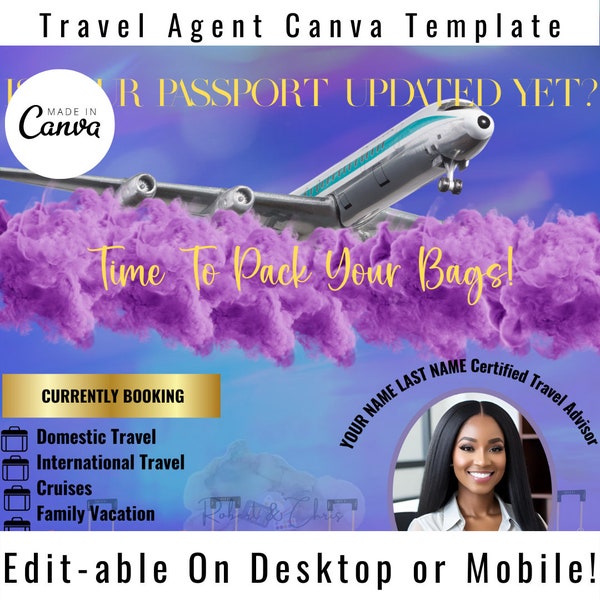 Colorful DIY Travel Agent Flyer, colorful travel agent flyer, IG travel agent promo. trip IG promo flyer, book with me, purple pretty flyer