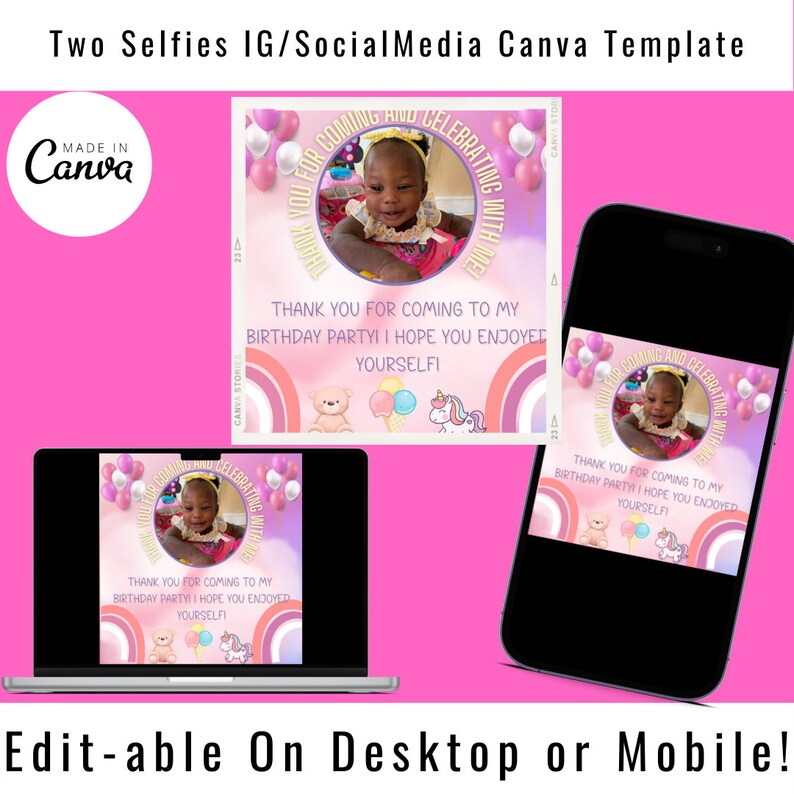 Birthday Invitation and Thank You Card, One Year Old Birthday Invite, E