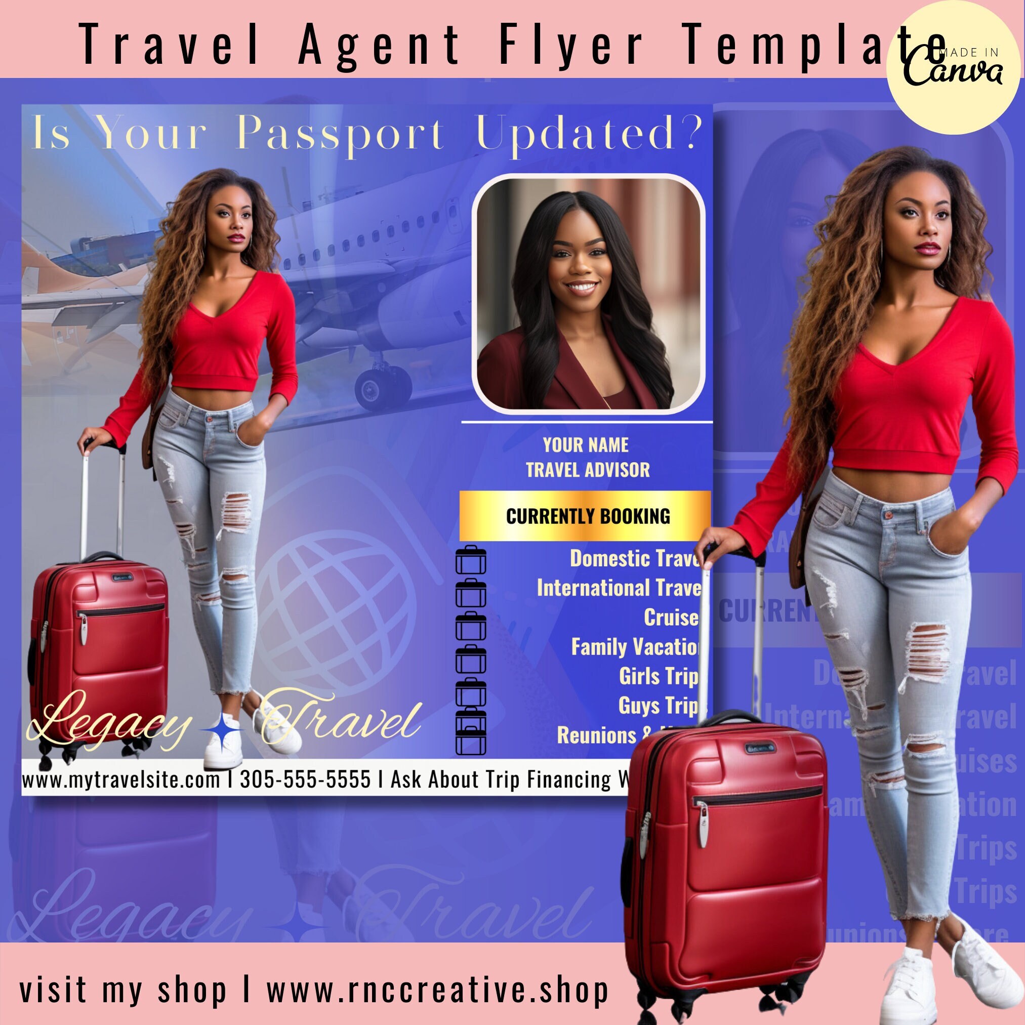 DIY Editable Travel Agent Flyer canva travel editable flyer, pretty travel agent flyer, digital pretty IG graphic, quick easy travel flyer,