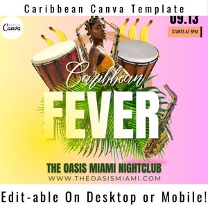 DIY caribbean club flyer, canva digital club flyer, canva printable caribbean event flyer, caribbean colorful flyer, easy editable caribbean