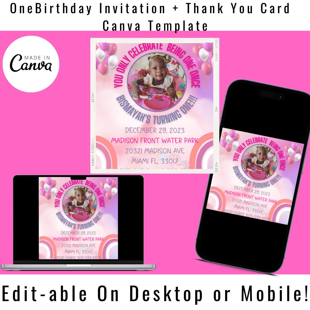 Birthday Invitation and Thank You Card, One Year Old Birthday Invite, E