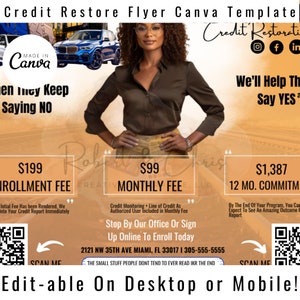 DIY credit restore flyer, QR code digital flyer, DIY credit repair with scan code, orange credit repair flyer, easy credit restore