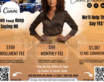 DIY credit restore flyer, QR code digital flyer, DIY credit repair with scan code, orange credit repair flyer, easy credit restore