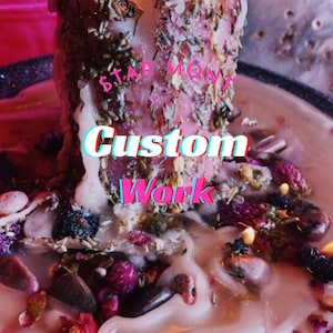 May include: A pink candle with dried herbs and flowers, surrounded by melted wax and crystals. The candle has the text "STAR MOM" and "Custom Work" in a 3D effect. The image has a mystical and spiritual theme.