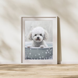 Bichon's Bathtime Blis - Bichon Frise Bathtub Oil Painting, Bathroom Wall Art, Cute Dog Home Decor, Pet-Inspired Interior Design