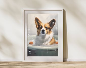 Bubble Bath Corgi - Corgi en la pintura al óleo de la bañera, arte de la pared del baño, decoración del hogar del perro lindo, diseño de interiores inspirado en mascotas