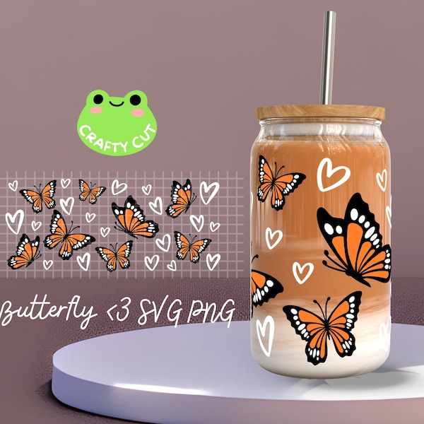 Monarch Butterfly and Hearts Libbey Wrap SVG, png| Instant Download SVG PNG File| Can Glass Libbey Wrap