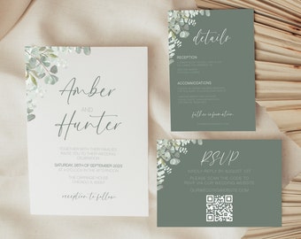 Wedding Invitation Template Set, Eucalyptus Wedding Invite, QR Code RSVP, Editable Wedding Invitation Suite, Templett INSTANT Download,