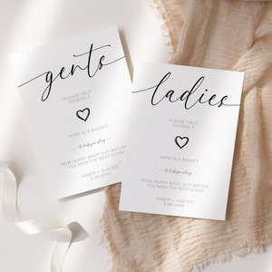 Wedding Bathroom toiletries sign, wedding ladies gents basket sign, modern handwriting bathroom wedding sign, Editable Template
