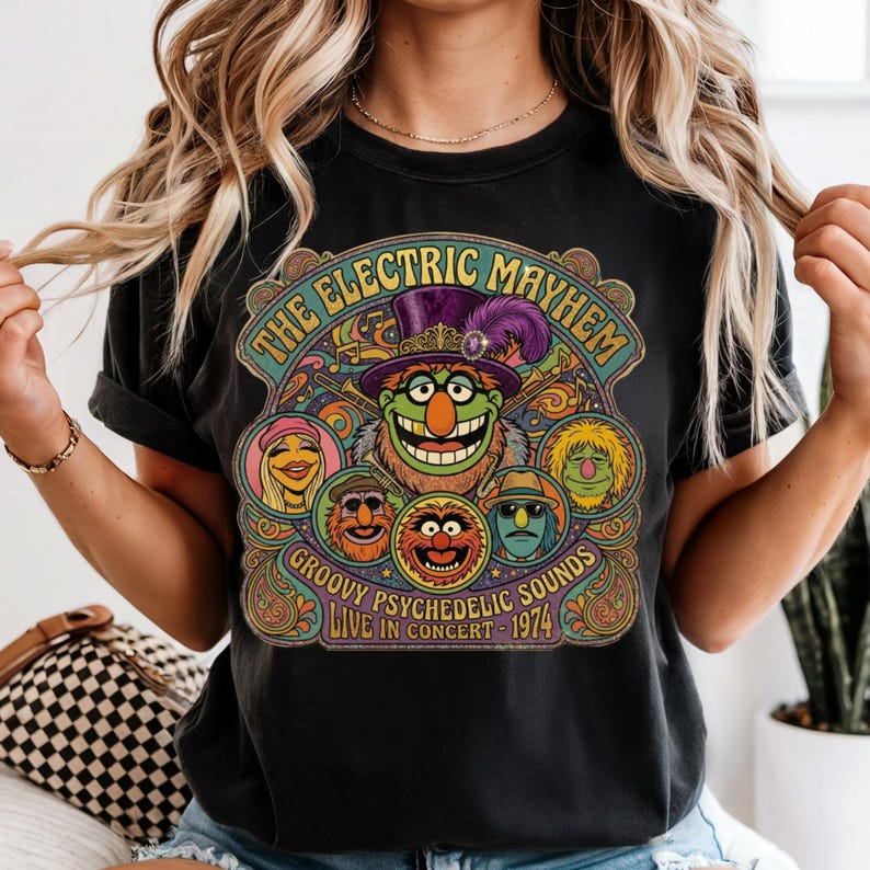 The Electric Mayhem psychedelic rock band concert t-shirt.