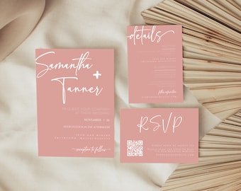 Wedding Invitation Template Set, Dusty Pink Wedding Invite, QR Code RSVP, Editable Wedding Invitation Suite, Templett INSTANT Download,