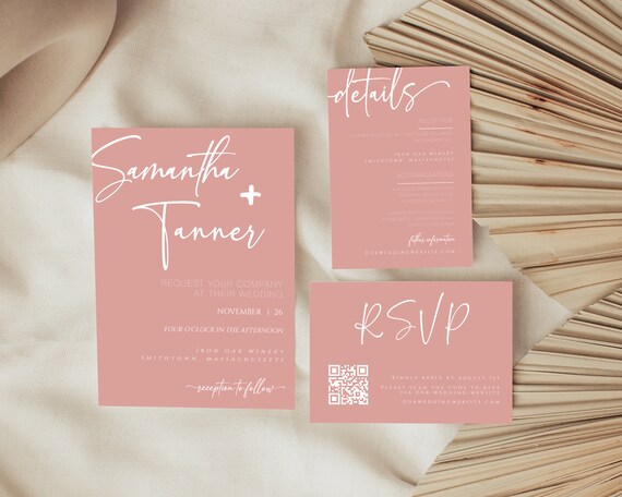Wedding Invitation Template Set, Dusty Pink Wedding Invite, QR Code RSVP, Editable Wedding Invitation Suite, Templett INSTANT Download,