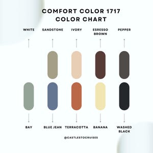 K&ouml;nnte beinhalten: Eine Farbkarte mit dem Titel "COMFORT COLOR 1717" zeigt eine Reihe von Farben. Die Karte enth&auml;lt Farbt&ouml;ne wie Wei&szlig;, Sandstein, Elfenbein, Espressobraun, Pfeffer, Bay, Blue Jean, Terrakotta, Banane und Washed Black. Der Text "@CASTLESTOCRUISES" befindet sich unten.