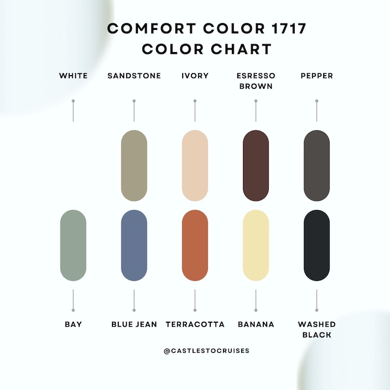 K&ouml;nnte beinhalten: Eine Farbkarte mit dem Titel "COMFORT COLOR 1717" zeigt eine Reihe von Farben. Die Karte enth&auml;lt Farbt&ouml;ne wie Wei&szlig;, Sandstein, Elfenbein, Espressobraun, Pfeffer, Bay, Blue Jean, Terrakotta, Banane und Washed Black. Der Text "@CASTLESTOCRUISES" befindet sich unten.