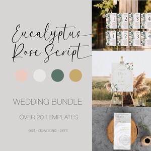 Eucalyptus Rose Wedding Bundle, Modern Wedding Invitation Bundle, Templett Sign, Boho Style wedding, Rustic wedding, Floral Signage, MPC-002