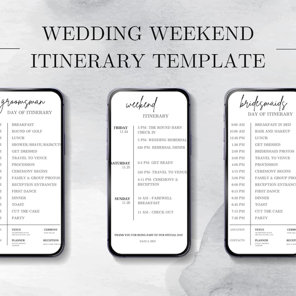 Wedding timeline template, Mobile Wedding Itinerary, Digital Wedding Itinerary, Wedding Weekend Itinerary, Template Bridal Party, Groomsman