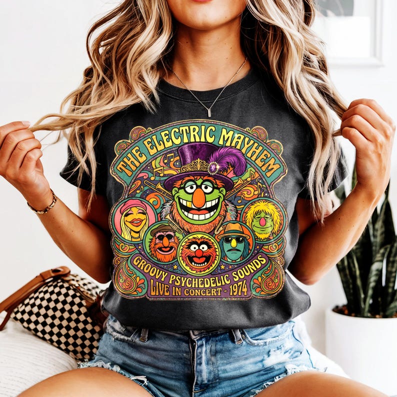 The Electric Mayhem band graphic on a vintage t-shirt.