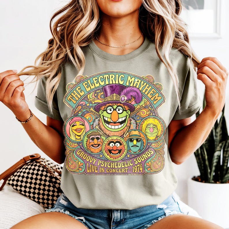 The Electric Mayhem band members graphic on a vintage-style t-shirt.