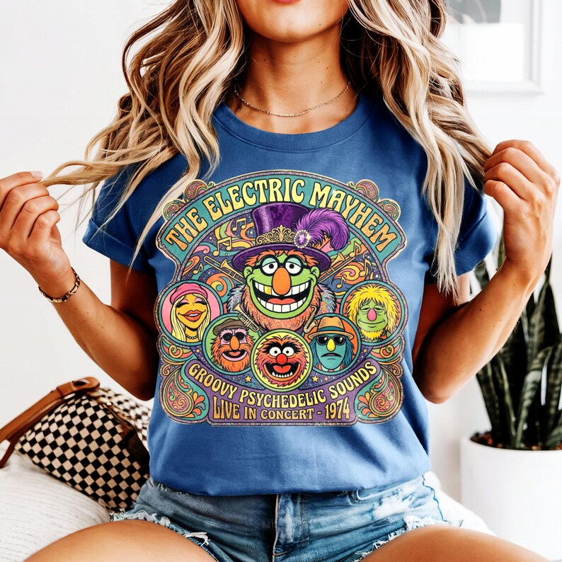 The Electric Mayhem band on a blue t-shirt with "Groovy Psychedelic Sounds Live in Concert 1974".