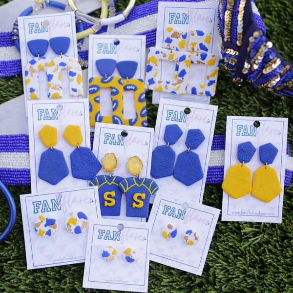 Game Day Clay Earrings, Royal Blue and Yellow Earrings