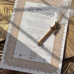 NIKKAH Vertrag A3 LUXUS Ehe-ZERTIFIKAT Angepasste Nikkah-Urkunde Arabische Kalligraphie A3-Größe Ehevertrag mit Federstift