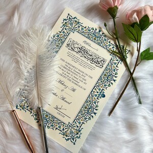Heiratsurkunde A3 NIKAH NAMA Nikkah-Zertifikat Der mediterrane Paarname Luxus-Islamische Hochzeitsurkunde mit Feder-Nikappen
