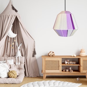 XL Bonbon Lampshade, Fully handmade, Handwoven Yarn Lampshade, White and Purple, Minimalist Design Lamp