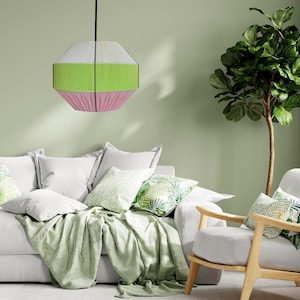 Japanese Lampshade, Fully handmade, Handwoven Yarn Lampshade, Green and Pink, Minimalist Design Lamp