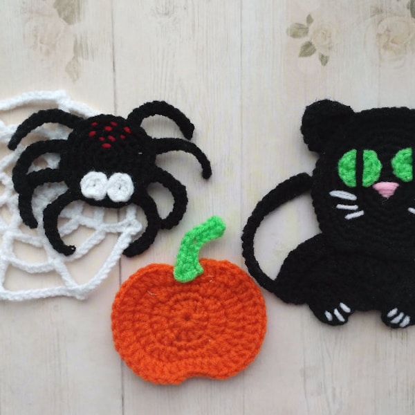 PATTERN Set of Crochet Appliques Halloween Applique Crochet Pattern PDF Spider Spiderweb Pumpkin Black Cat Crochet Decor Crochet Blanket ENG