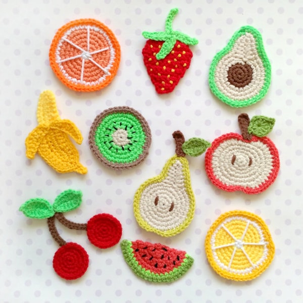 PATTERN Fruits Applique Crochet Pattern PDF Cherry Orange Apple Watermelon Pear Avocado Kiwi Strawberry Banana Lemon Baby Blanket Gift ENG