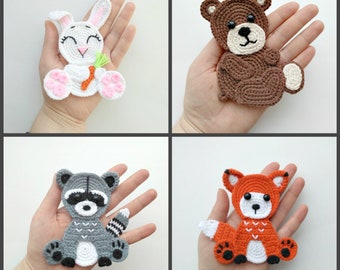 PATTERN Woodland Animal Applique Crochet Patterns PDF Rabbit Bear Raccoon Fox Crochet Appliques Forest Animals Crochet Baby Blanket ENG