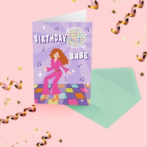 Carte d'anniversaire rétro, style groovy des années 70, disco, illustration vintage, carte d'anniversaire, femme, petite amie, thème de la musique, mode des années 60, mod,