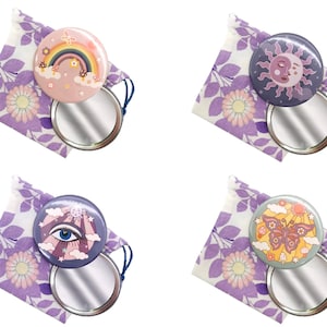 Retro design pocket mirror,70s vintage mirror,compact mirror,handbag mirror,psychedelic design,vintage 70s pattern,rainbow,butterfly,moon