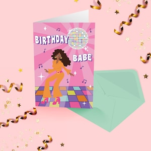 Carte d'anniversaire rétro, style groovy des années 70, disco, illustration vintage, carte d'anniversaire, femme, petite amie, thème de la musique, mode des années 60, mod,
